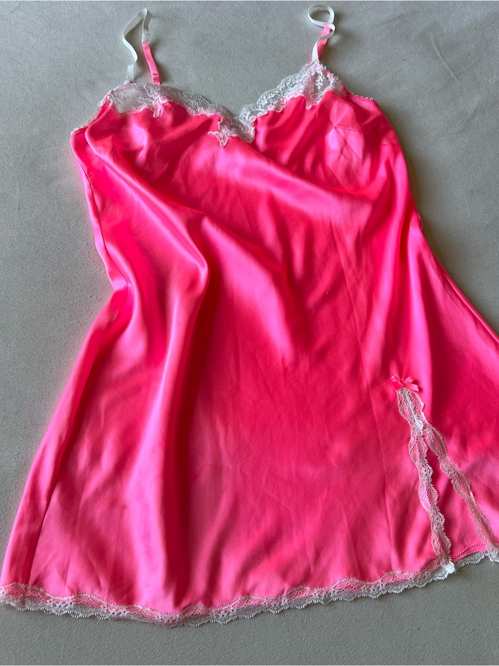 Victoria's Secret Hot Pink Slip Dress with White Lace Trim Y2K Neon Fairy Silky